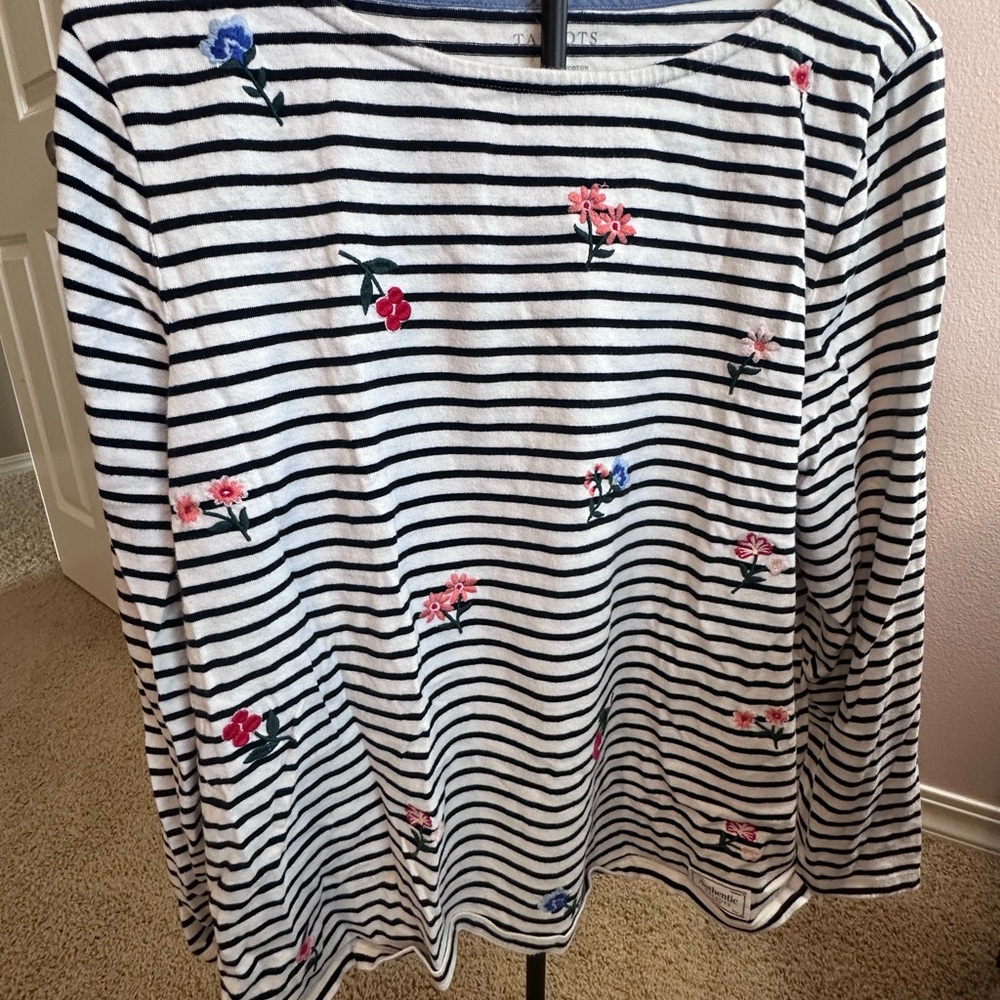 Talbots Navy and White Striped Floral Long Sleeve Tee